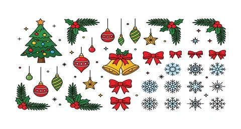 Set of festive christmas decorative elements and holiday ornaments with red.. Stock-Illustration