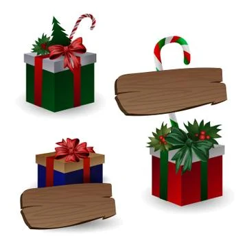 Set of festive composition with Christmas tree branches in a gift bag and boxes Stock Illustration