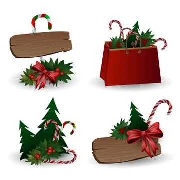 Set of festive composition with Christmas tree branches in a gift bag and boxes Stock Illustration