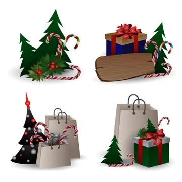 Set of festive composition with Christmas tree branches in a gift bag and boxes Stock Illustration