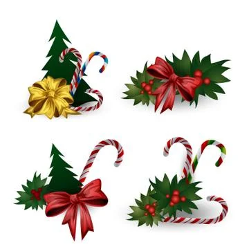Set of festive composition with Christmas tree branches with bows on a white Stock Illustration