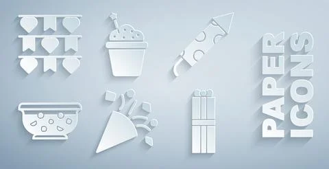 Set Festive confetti, Firework rocket, Mixed punch in bowl, Gift box, Cake and 库存插图