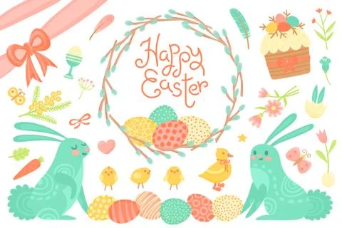 Set of Festive Decorations for Happy Easter. Congratulatory inscription, painted Stock Illustration
