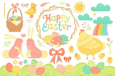 Set of Festive Decorations for Happy Easter. Congratulatory inscription, painted Stock Illustration