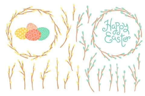 Set of Festive Decorations for Happy Easter. Willow wreaths and twigs. Illustrazione stock