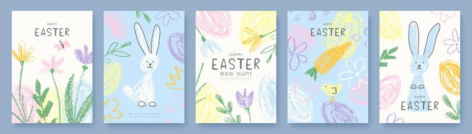Set of festive Easter cards with funny hand drawn bunny, eggs, chick, carrot and Stock Illustration