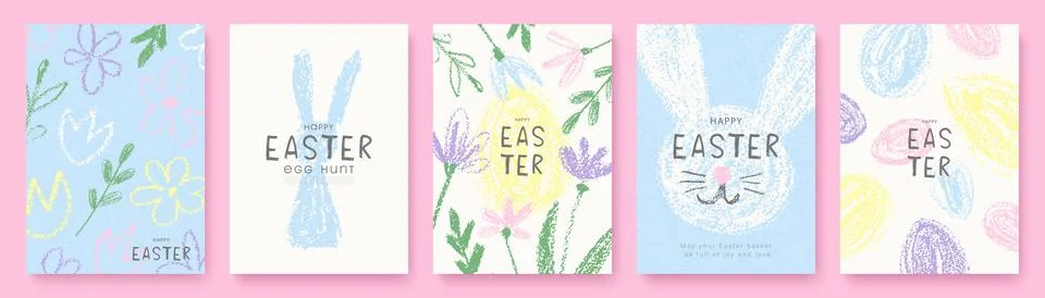 Set of festive Easter cards with funny hand-drawn bunny, eggs and flowers in Stock Illustration