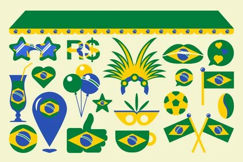 Set of festive elements in colors of Brazil flag Stock Illustration