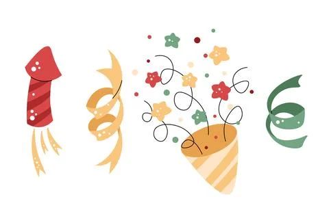 Set of festive firecrackers, crackers and confetti on a white background. Vec Illustrazione stock