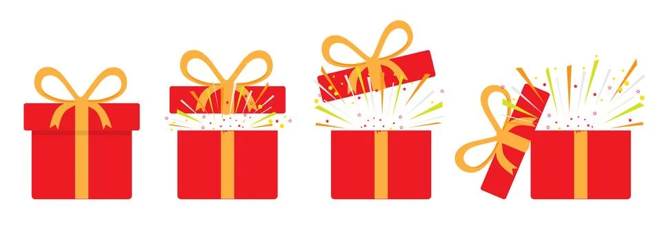 Set of festive gift box, red box wrap and yellow ribbon, closed and open wi.. Illustrazione stock