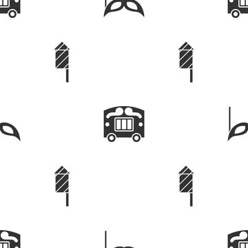 Set Festive mask, Circus wagon and Firework rocket on seamless pattern. Vecto Stock Illustration