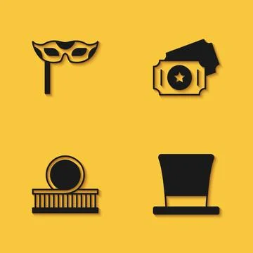 Set Festive mask, Cylinder hat, Roller coaster and Circus ticket icon with .. Stock-Illustration