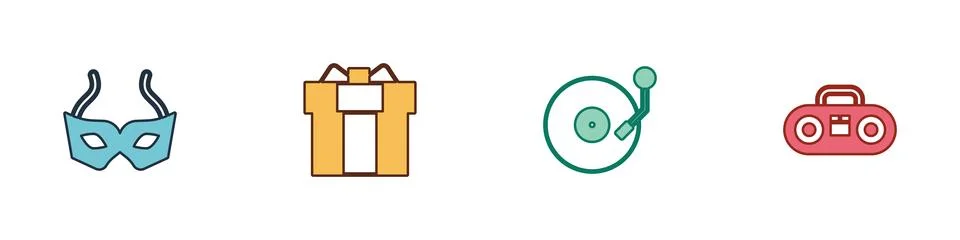 Set Festive mask, Gift box, Vinyl player with disk and Home stereo two spea.. イラスト素材