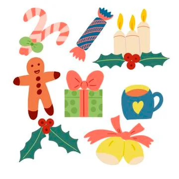 Set of festive new year elements: bell, gingerbread, candy, candles, gift Stock Illustration