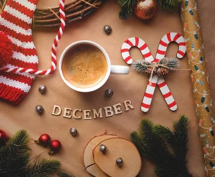 A set of festive objects, Christmas tree and Christmas decorations on a woo.. Stock Photos