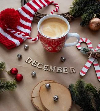 A set of festive objects, Christmas tree and Christmas decorations on a woo.. Stock Photos
