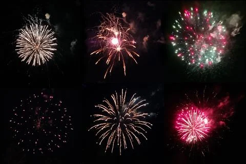 Set with festive real firework on black background for overlay blending mode of Stock Photos