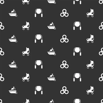 Set Fidget spinner, Roller skate, Toy boat and Jump rope on seamless pattern Illustrazione stock