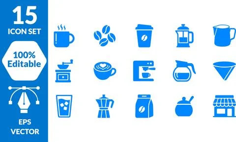 Set of Fifteen Blue Vector Coffee Icon Illustrations for Modern Web Design .. Stock Illustration