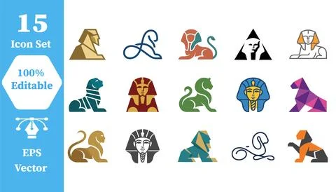 Set of fifteen creative sphinx icon designs with egyptian mythology monument Stock Illustration