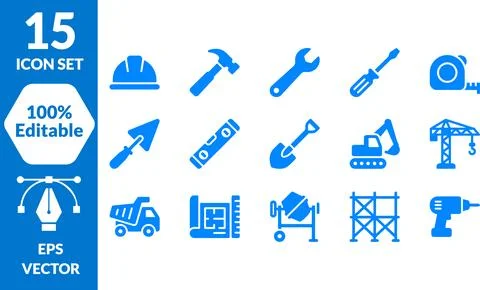 Set of fifteen flat blue construction tools and industrial equipment icons .. 스톡 일러스트