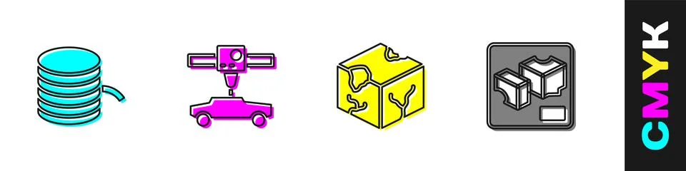 Set Filament for 3D printer, car, Isometric cube and icon. Vector Illustrazione stock