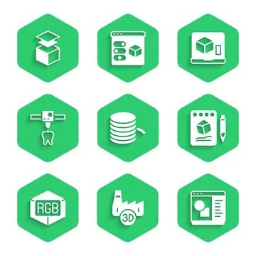 Set Filament for 3D printer, Printing house industry, software, Sketch on paper Illustrazione stock