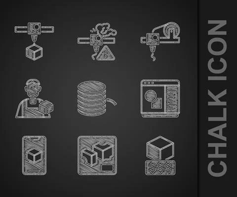 Set Filament for 3D printer, services, software, Graphic designer, and cube icon Stock Illustration