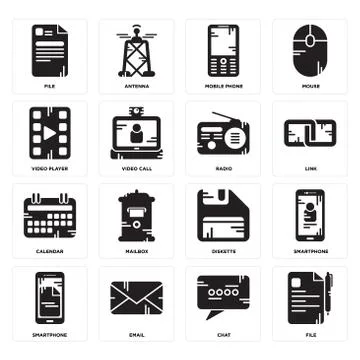 Set of File, Chat, Smartphone, Diskette, Calendar, Radio, Video player, Mobil Free Stock Illustration