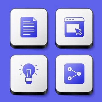 Set File document, Advertising, Light bulb and Share icon. White square button Stock Illustration
