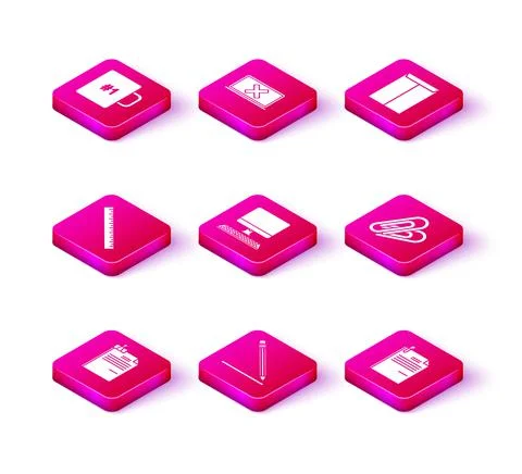 Set File document and binder clip, Pencil with eraser line, Ruler, Computer Stock Illustration