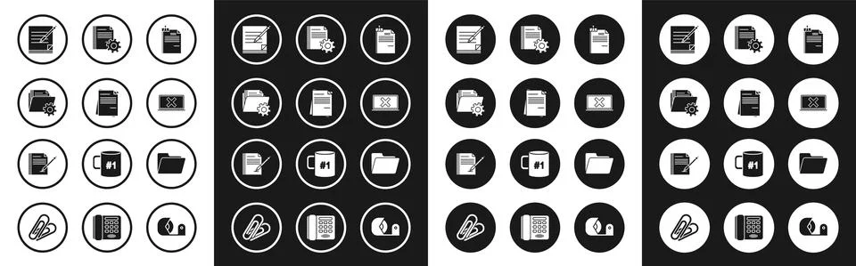 Set File document and binder clip, Folder settings with gears, Blank notebook Illustrazione stock