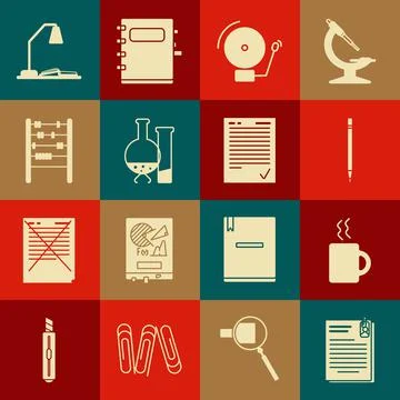 Set File document and paper clip, Pencil with eraser, Ringing alarm bell, Test 库存插图