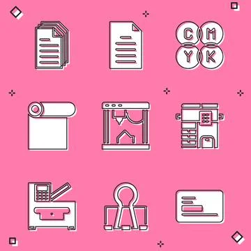 Set File document, CMYK color mixing, Roll of paper, 3D printer, Copy machine Stock Illustration