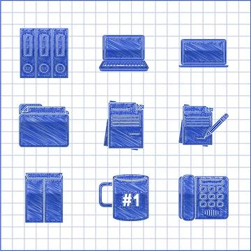 Set File document, Coffee cup flat, Telephone, Blank notebook and pencil wi.. Ilustração Stock