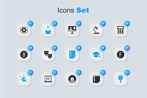 Set File document, Comedy and tragedy masks, Test tube, Trigonometric circl.. Stock Illustration
