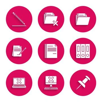 Set File document, Computer with keyboard and x mark, Push pin, Office folders Illustrazione stock