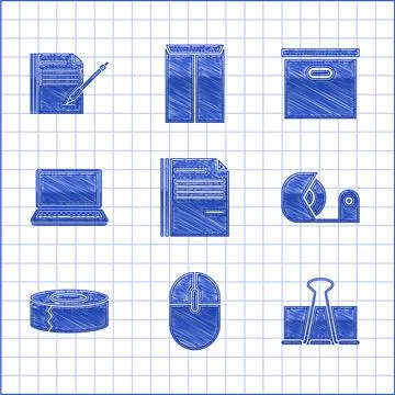 Set File document, Computer mouse, Binder clip, Scotch, Laptop, Carton cardbo Illustrazione stock