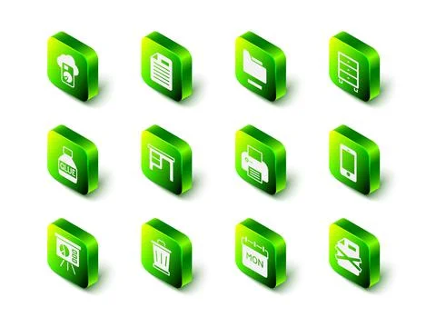 Set File document, Document folder, Archive papers drawer, Mobile phone, Delete Illustrazione stock