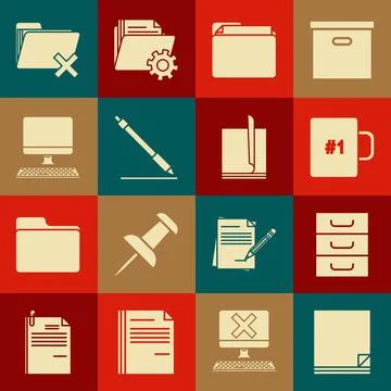 Set File document, Drawer with documents, Coffee cup, Document folder, Pen line Stock Illustration