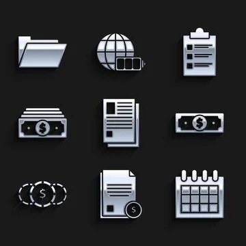 Set File document, Finance, Calendar, Stacks paper money cash, Coin with dollar 스톡 일러스트