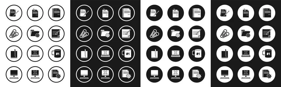 Set File document, Folder settings with gears, Paper clip, Blank notebook and Stock Illustration