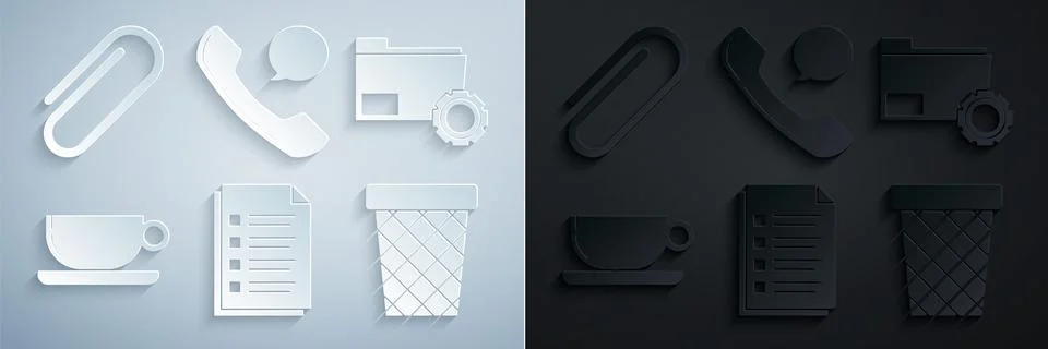Set File document, Folder settings with gears, Coffee cup flat, Trash can, .. Stockillustratie