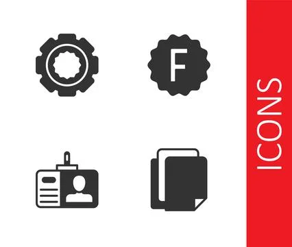 Set File document, Gear, Identification badge and Exam paper with incorrect.. Illustrazione stock
