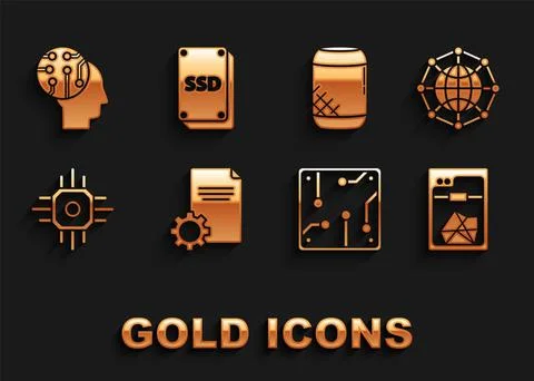 Set File document, Global technology or social network, 3D printer, Processor Stock Illustration