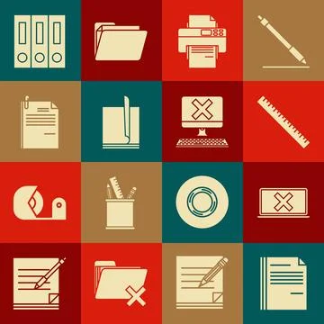 Set File document, Laptop and cross mark on screen, Ruler, Printer, paper clip Stock Illustration