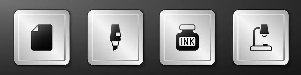 Set File document, Marker pen, Inkwell and Table lamp icon. Silver square button Stock Illustration