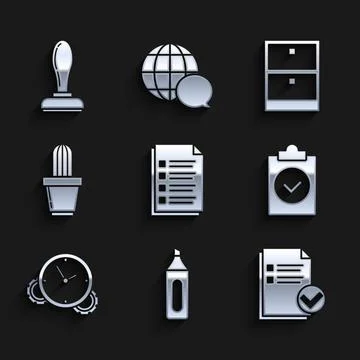 Set File document, Marker pen, Document and check mark, Completed task, Tim.. Stock Illustration