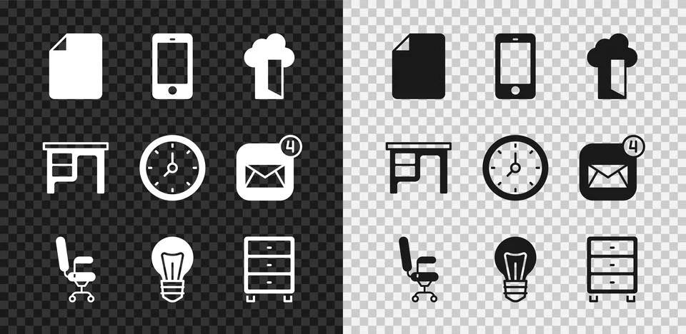 Set File document, Mobile phone, Cloud database, Office chair, Light bulb Illustrazione stock