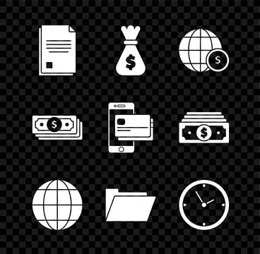 Set File document, Money bag, Earth globe with dollar symbol, Document folder Stock Illustration